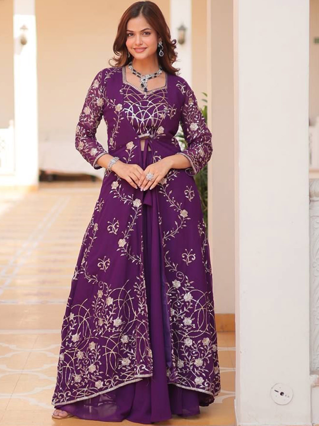 

KALINI Floral Printed Sequinned Embellished Sweetheart Neck Choli With Plazzo And Shrug, Purple