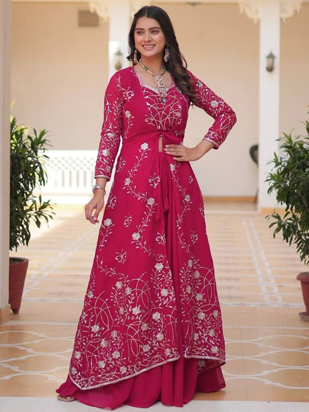 

KALINI Women Embroidered Angrakha Kurta with Skirt, Pink