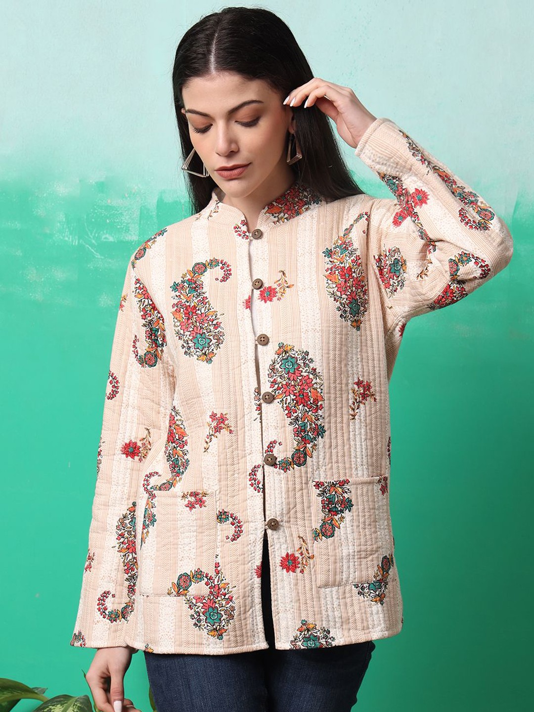 

Sangria Women Mandarin Collar Floral Printed Cotton Casual Tailored Jacket, Beige