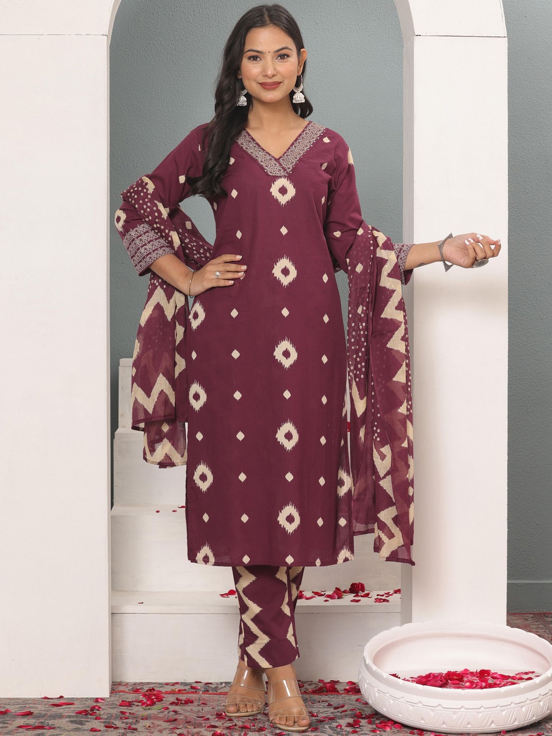 

KALINI Geometric Printed Pure Cotton V-Neck Straight Kurta With Trousers And Dupatta, Maroon