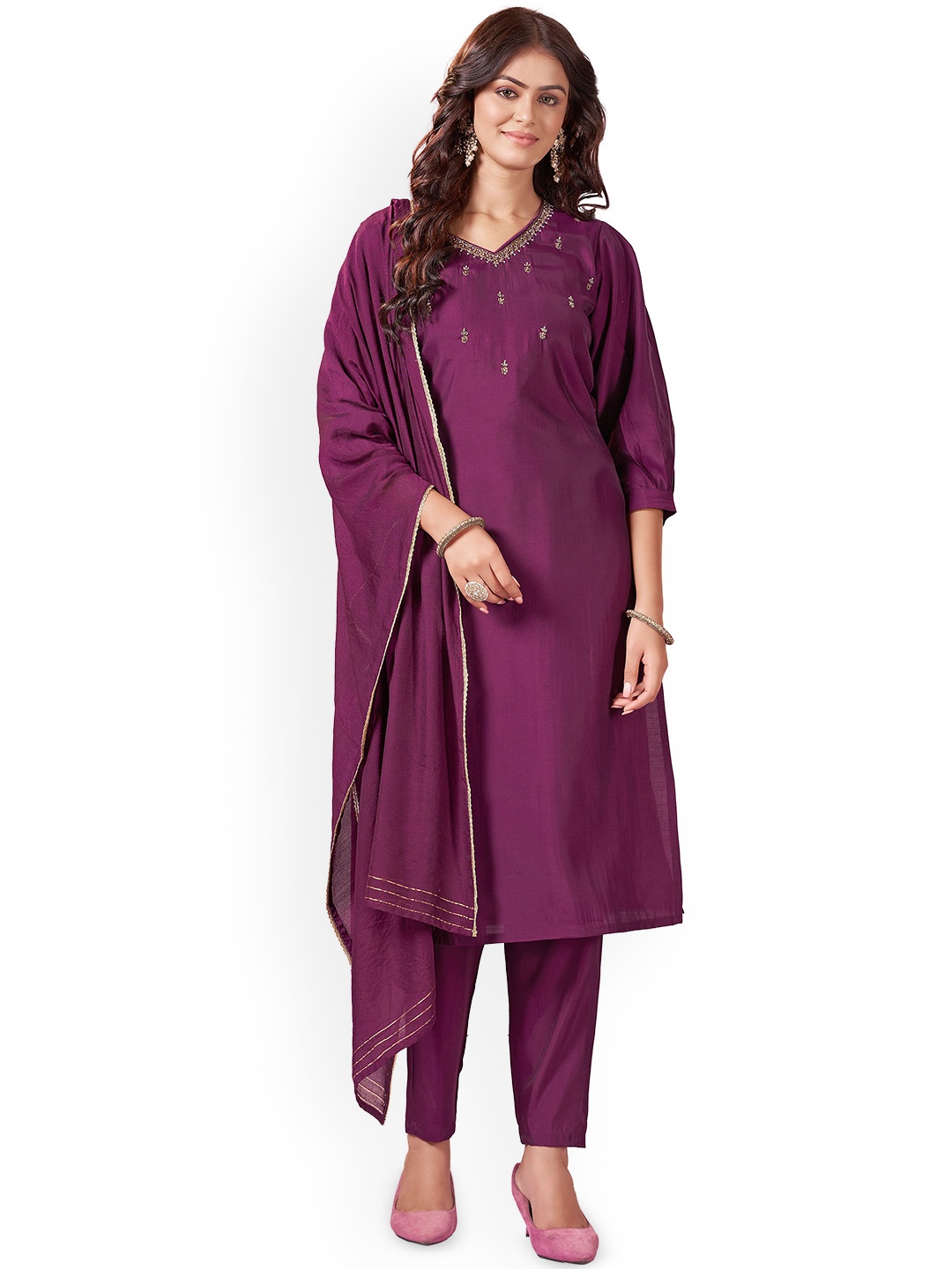 

Raave V-neck Beads & Stones Pure Cotton Straight Kurta With Trousers Dupatta, Magenta