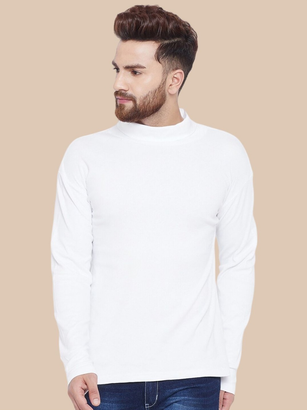 

Hypernation Men Solid High Neck Cotton Slim Fit T-shirt, White