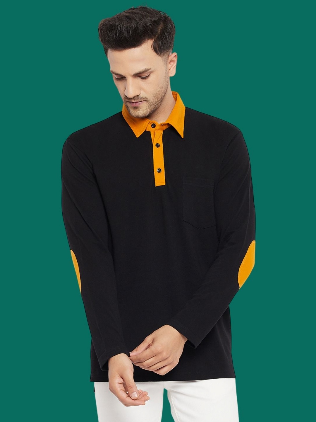 

Hypernation Men Solid Polo Collar Cotton T-shirt, Black
