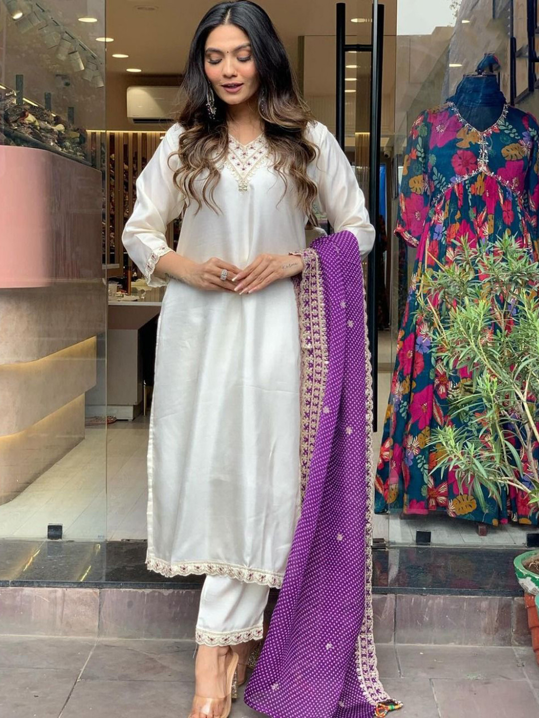 

IZIBRA Embroidered Gotta Patti Chanderi Cotton Straight Kurta With Trousers & Dupatta, White