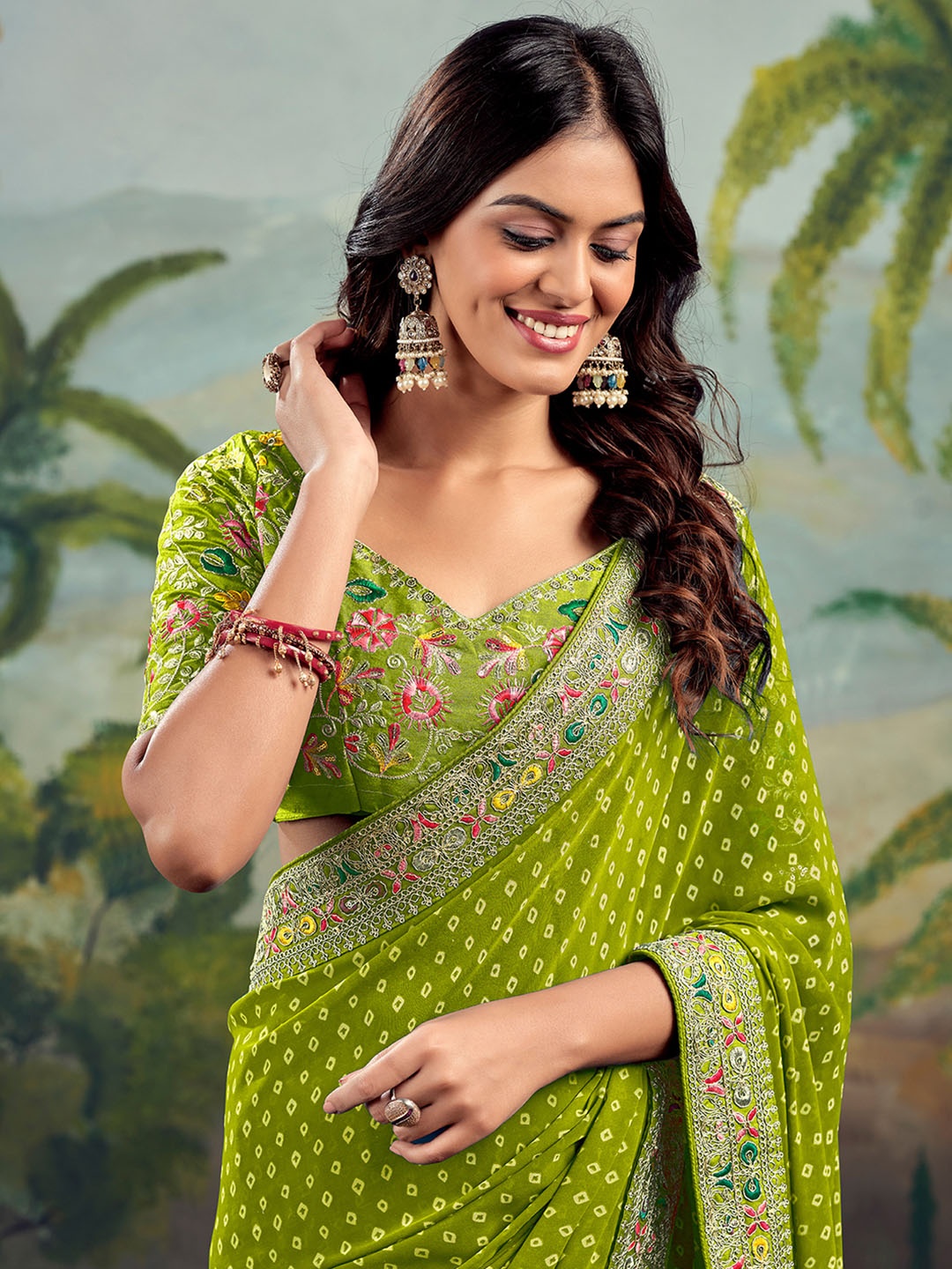 

Satrani Bandhani Embroidered Pure Georgette Bandhani Saree, Green