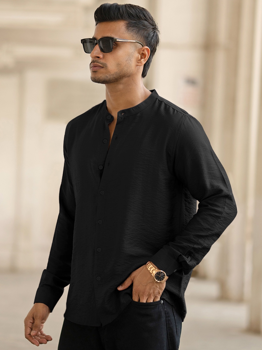 

Powerlook Men Band Collar Solid Casual Shirt, Black