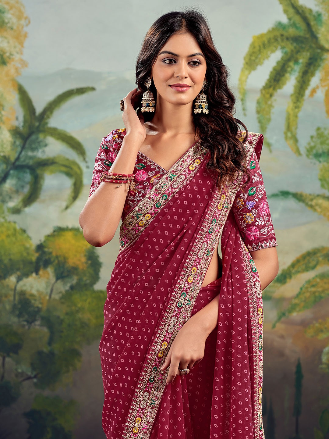 

Satrani Bandhani Embroidered Pure Georgette Bandhani Saree, Maroon