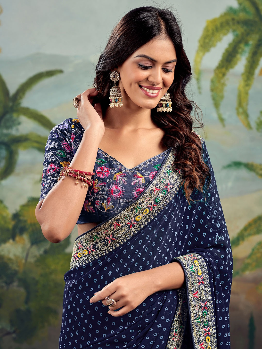 

Satrani Women Bandhani Embroidered Pure Georgette Bandhani Saree, Navy blue