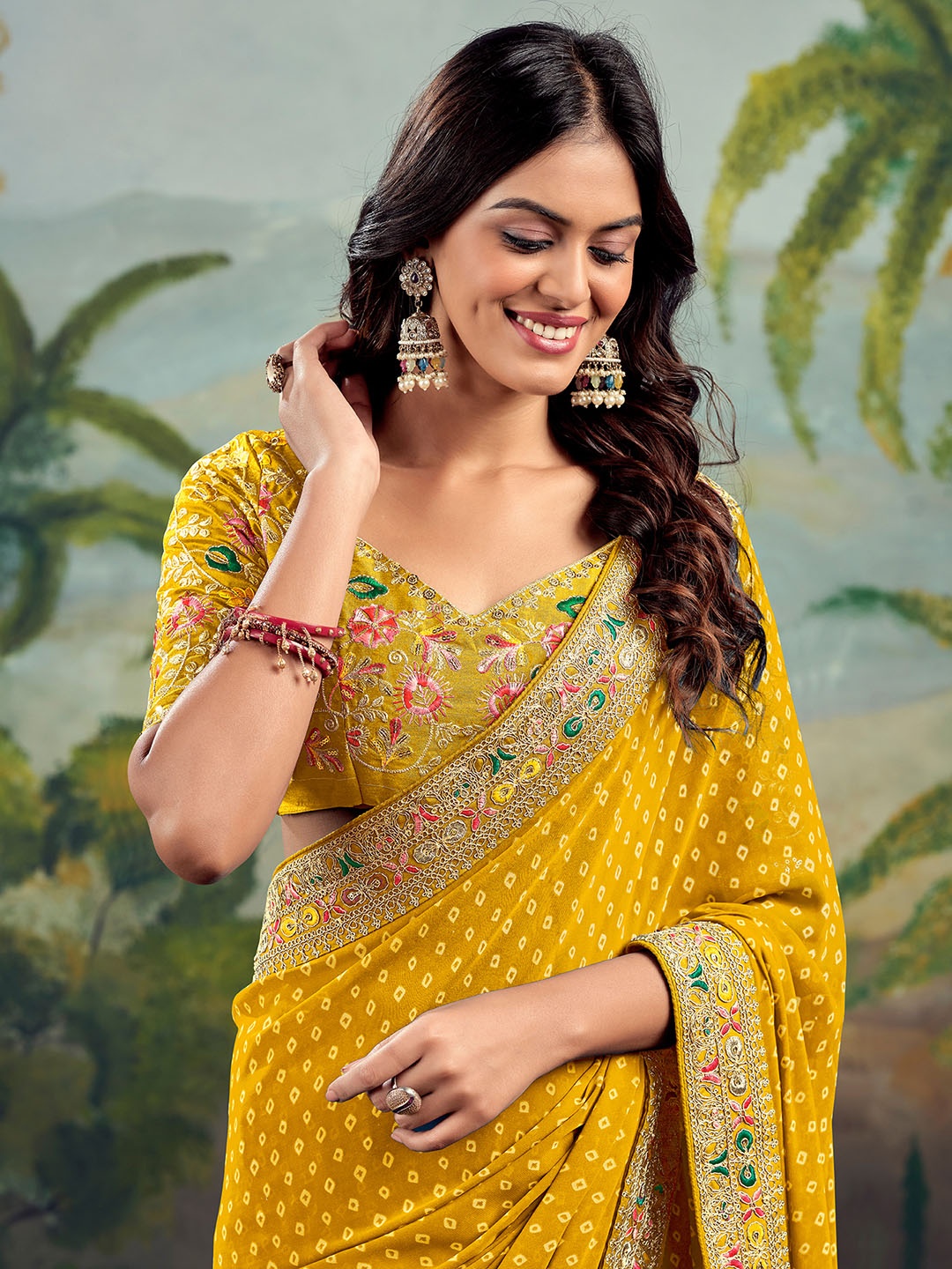 

Satrani Bandhani Embroidered Pure Georgette Bandhani Saree, Yellow