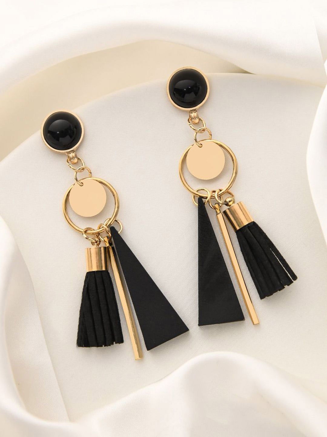 

styledose Gold-Plated Artificial Stone Studded Geometric Shaped Drop Earrings, Black