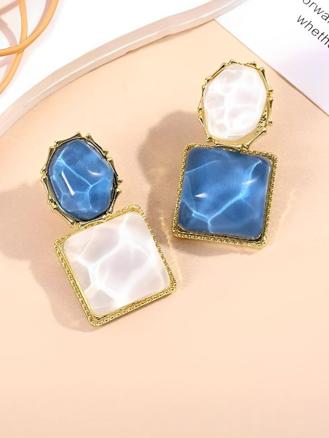 

styledose Gold-Plated Artificial Stones Studded Geometrical Shaped Drop Earrings, Blue