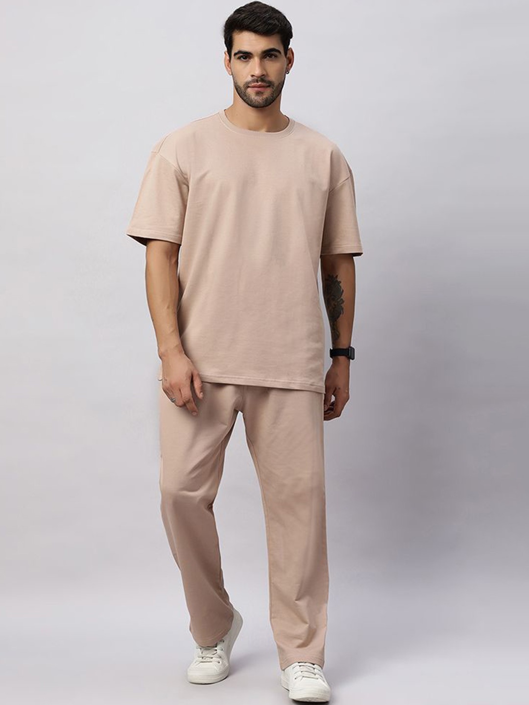 

Wear Your Opinion Round Neck Pure Cotton T-Shirt With Trouser, Beige