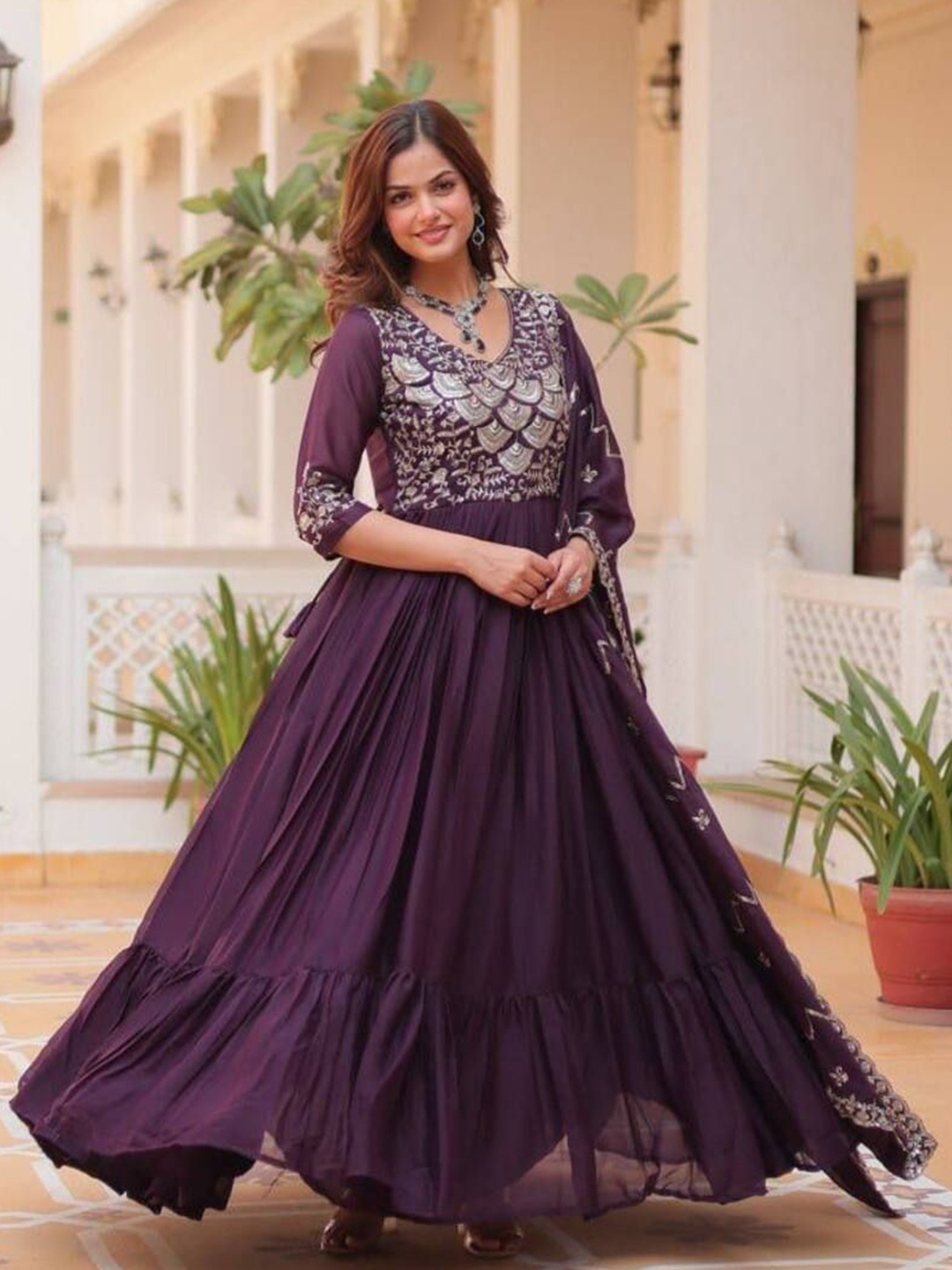 

KALINI Floral Embroidery Gown With Dupatta, Purple