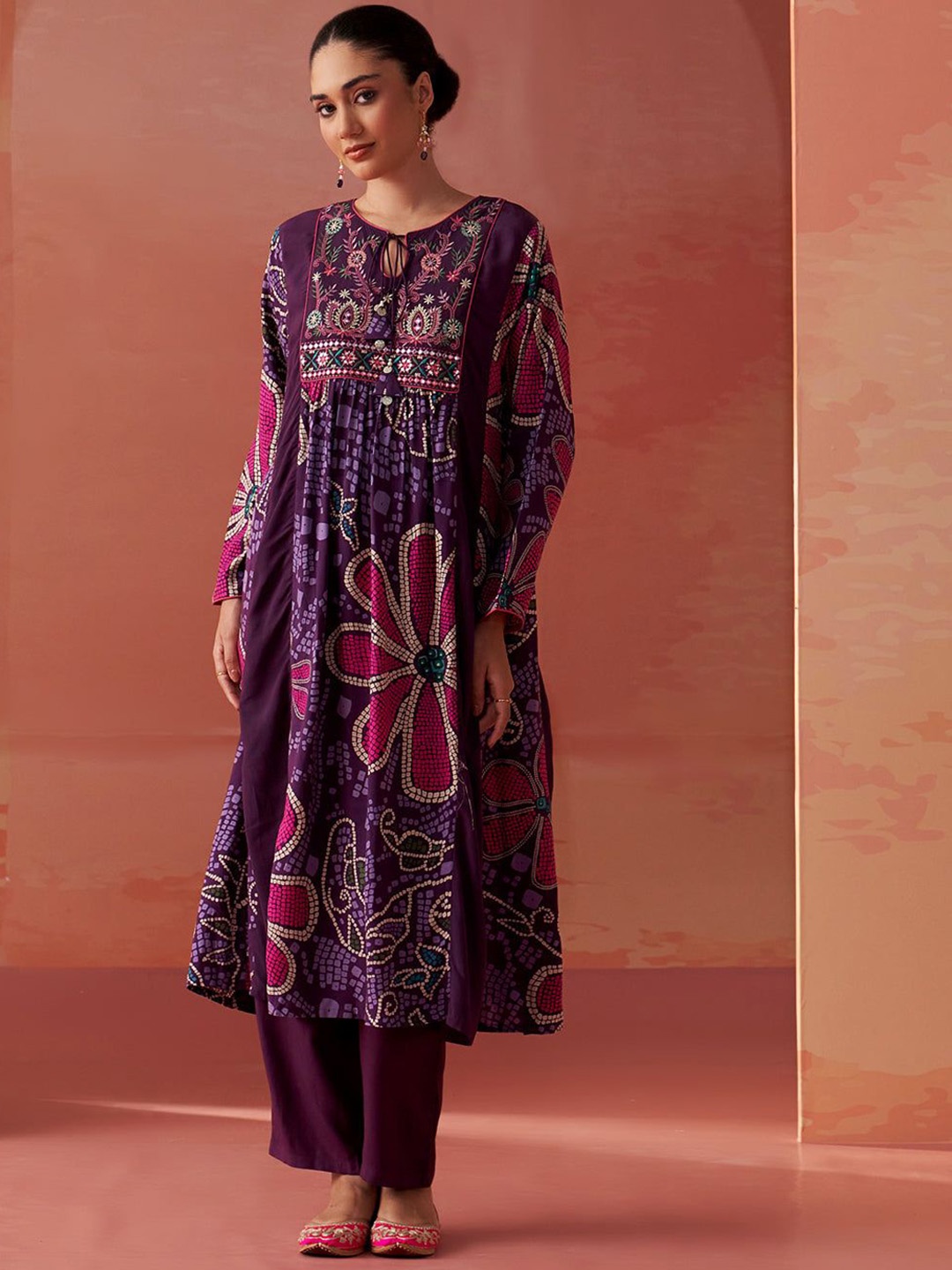 

Lakshita Floral Printed Tie-Up Neck A-Line Kurta with Trousers, Purple