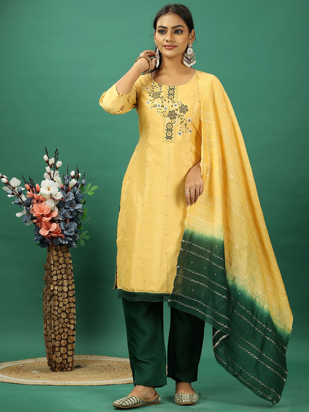 

Ethnovog Floral Embroidered Thread Work Straight Kurta With Trouser And Dupatta, Yellow