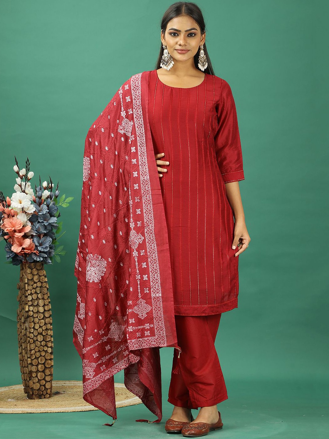 

Ethnovog Striped Woven Design Straight Kurta With Trousers And Dupatta, Maroon