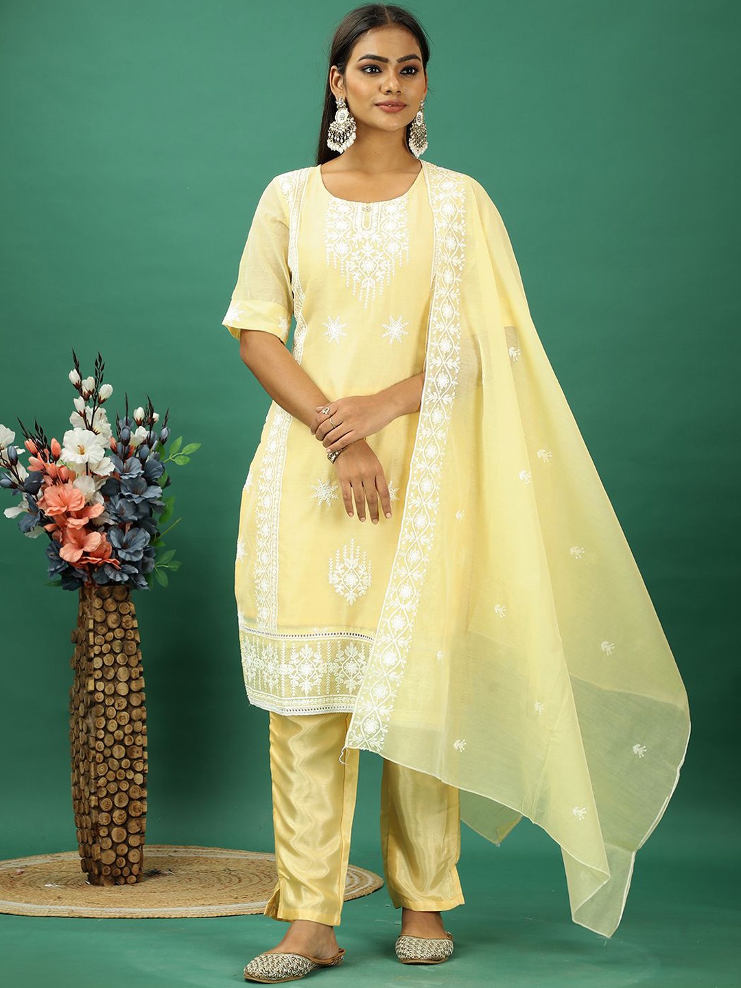 

Ethnovog Floral Embroidered Thread Work Straight Kurta With Trousers And Dupatta, Yellow