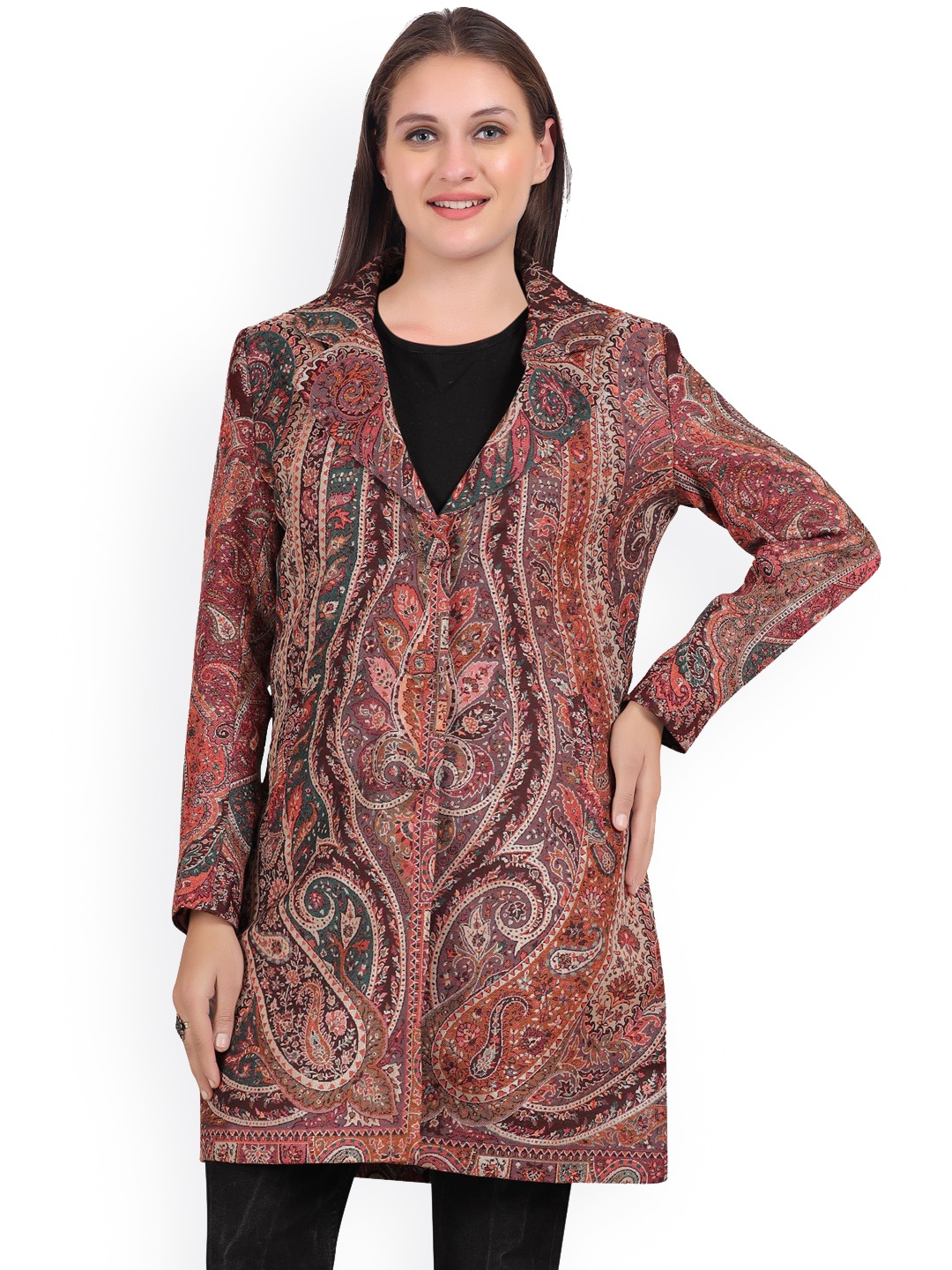 

Pampara Women Printed Regular Fit Overcoat, Maroon