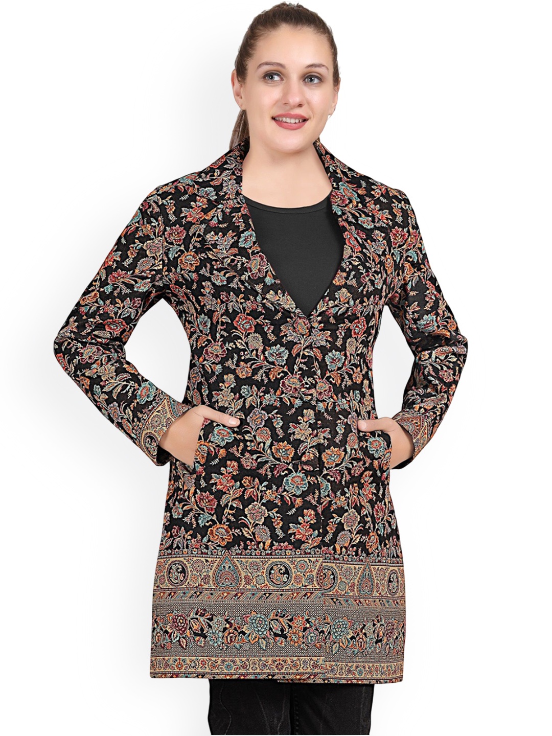 

Pampara Women Printed Regular Fit Overcoat, Black