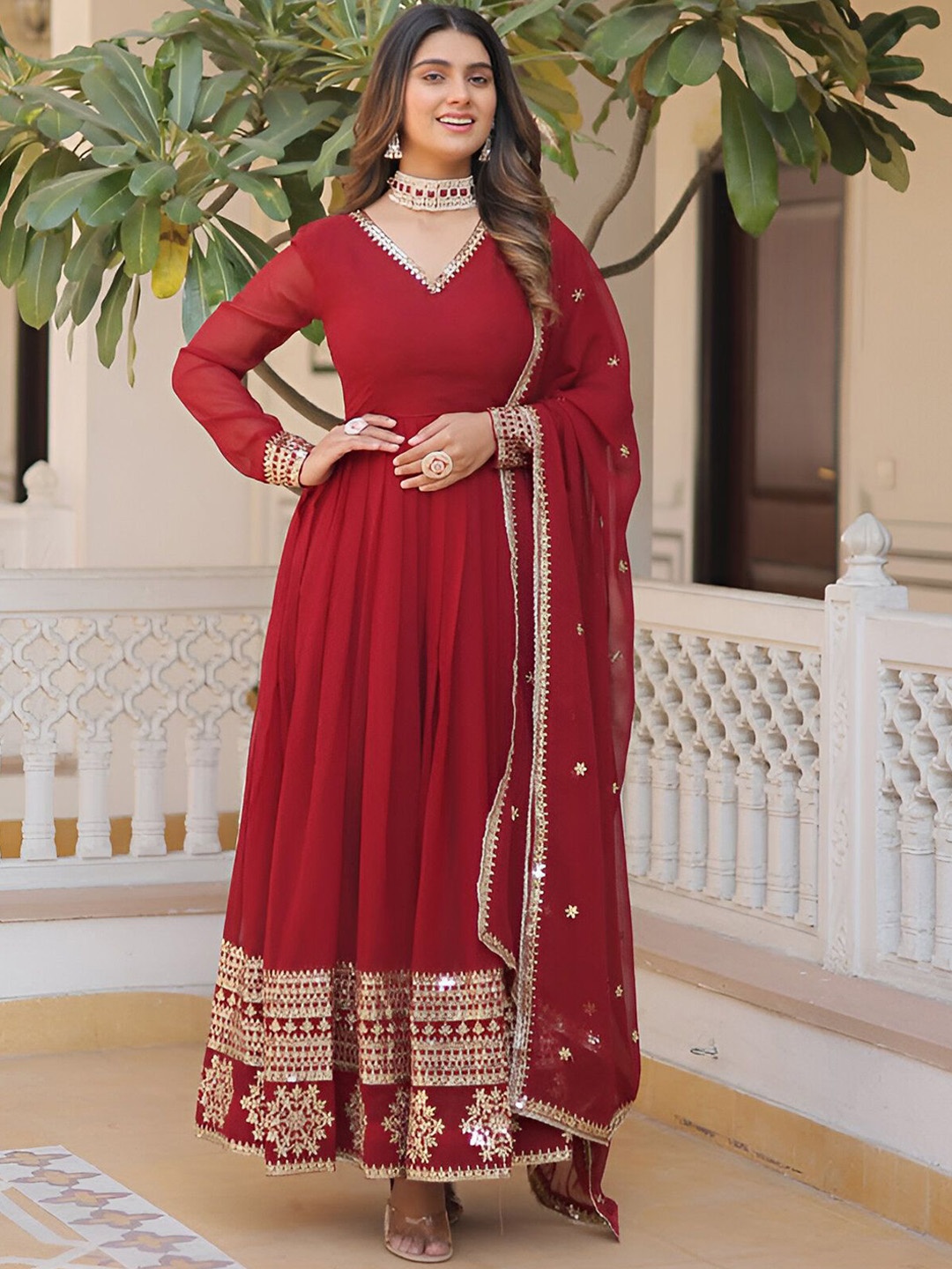 

Fusionic Sequined Embroidered Ethnic Gown With Dupatta, Maroon