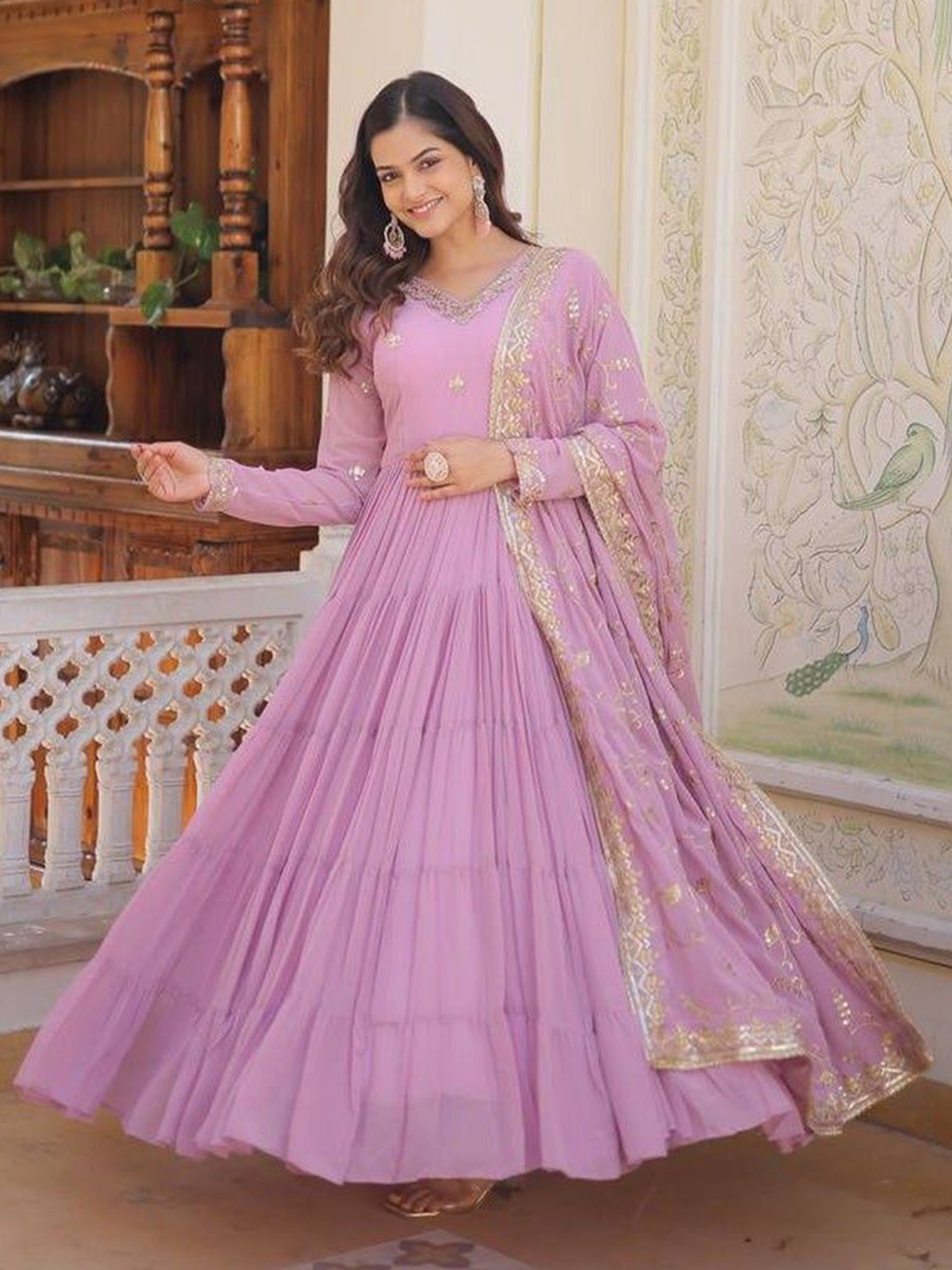 

Fusionic Sequined Embroidered Gown With Dupatta, Pink
