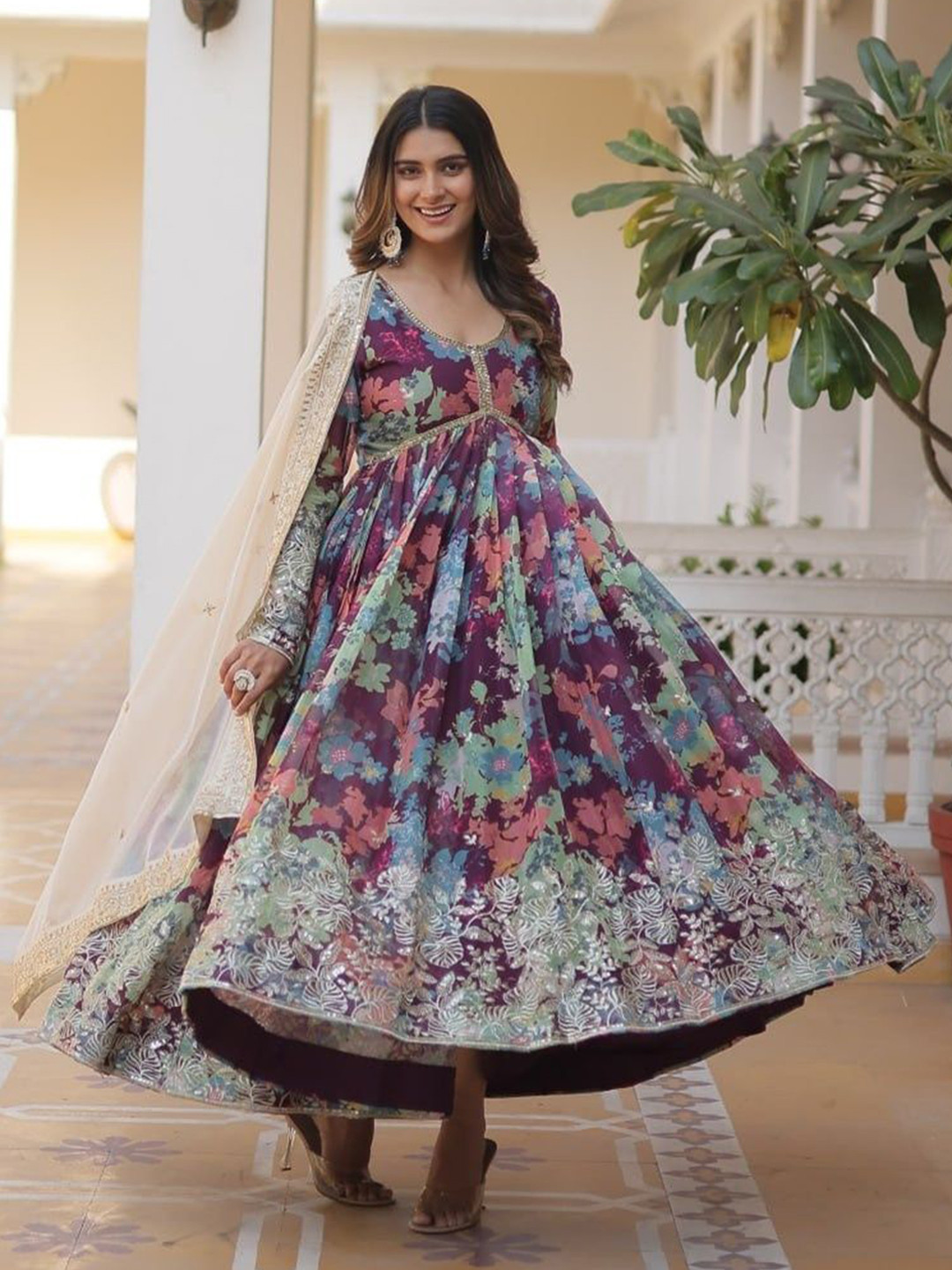 

Fusionic Digital Printed Zari Embroidered Gown With Dupatta, Purple