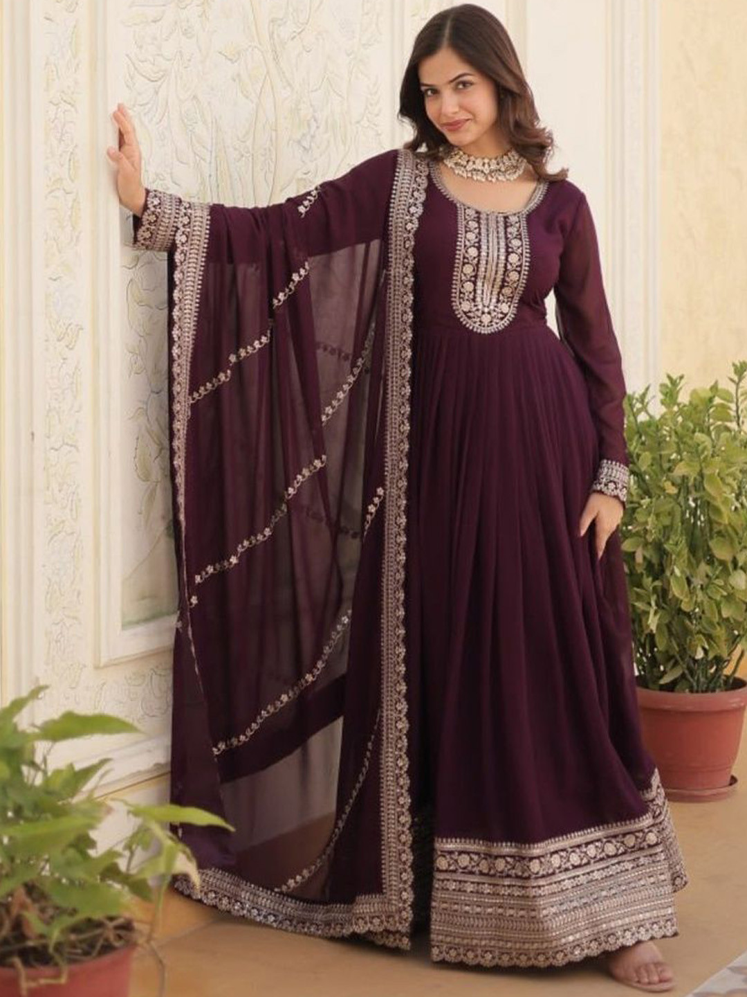 

Fusionic Sequined Embroidered Gown With Dupatta, Purple