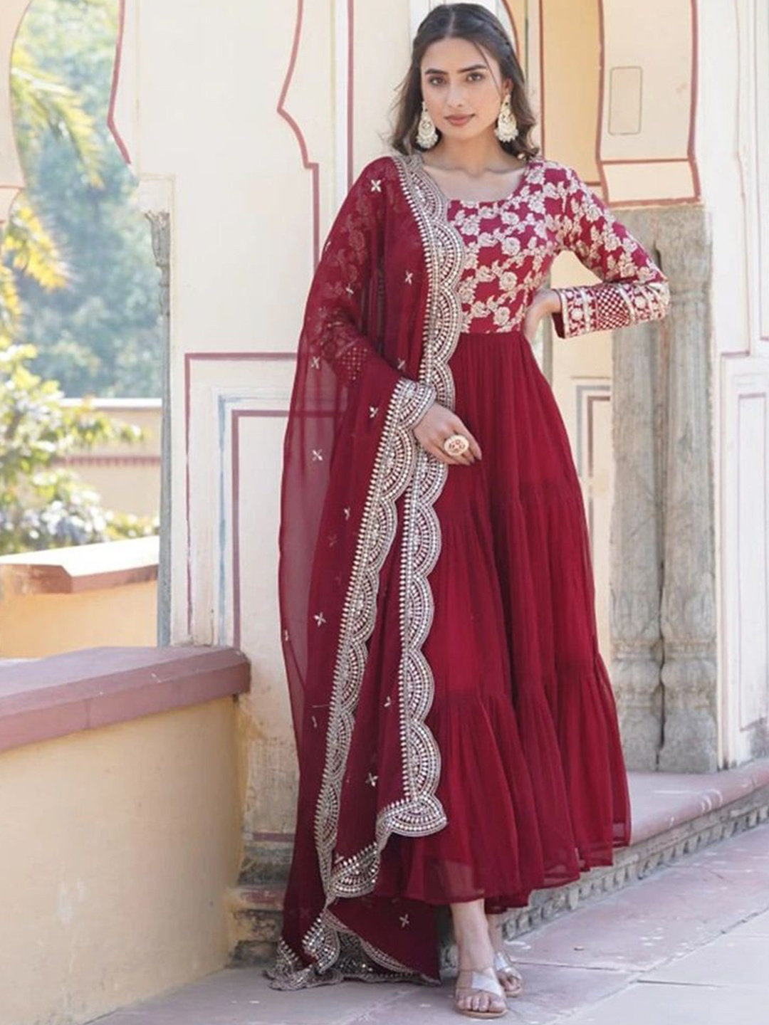 

Fusionic Sequined Embroidered Georgette Gown With Dupatta, Maroon