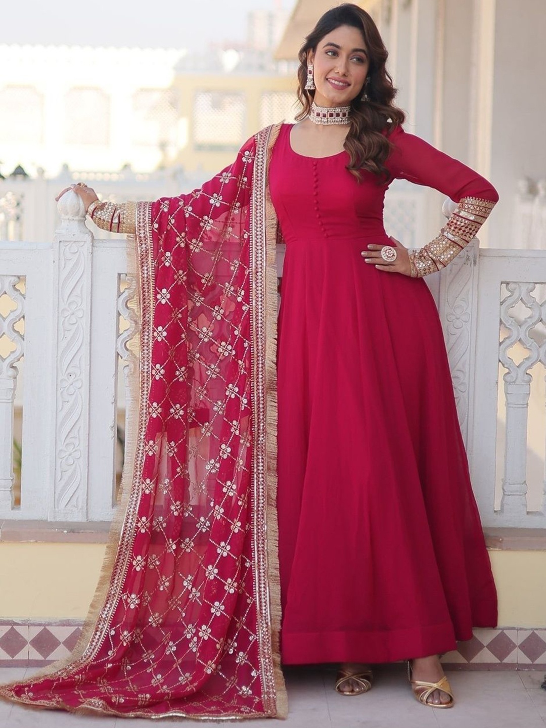 

Fusionic Women Georgette Maxi Gown With Sequined Embroidered Dupatta, Pink