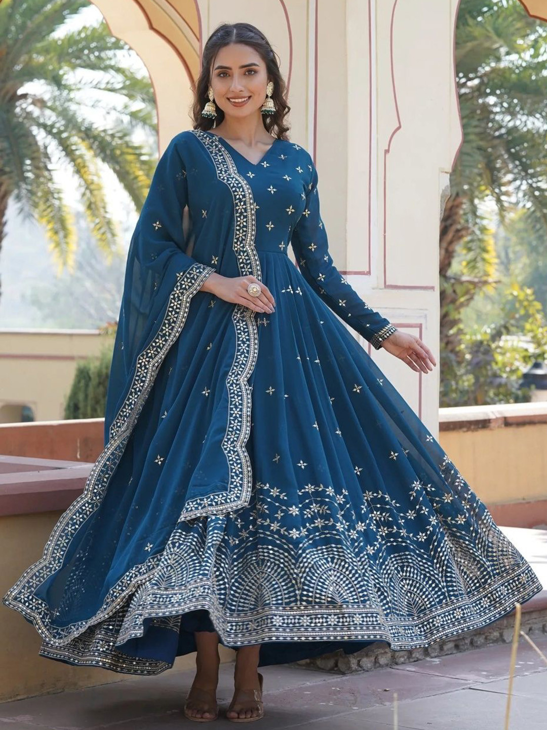 

Fusionic Sequined Embroidered Gown With Dupatta, Teal