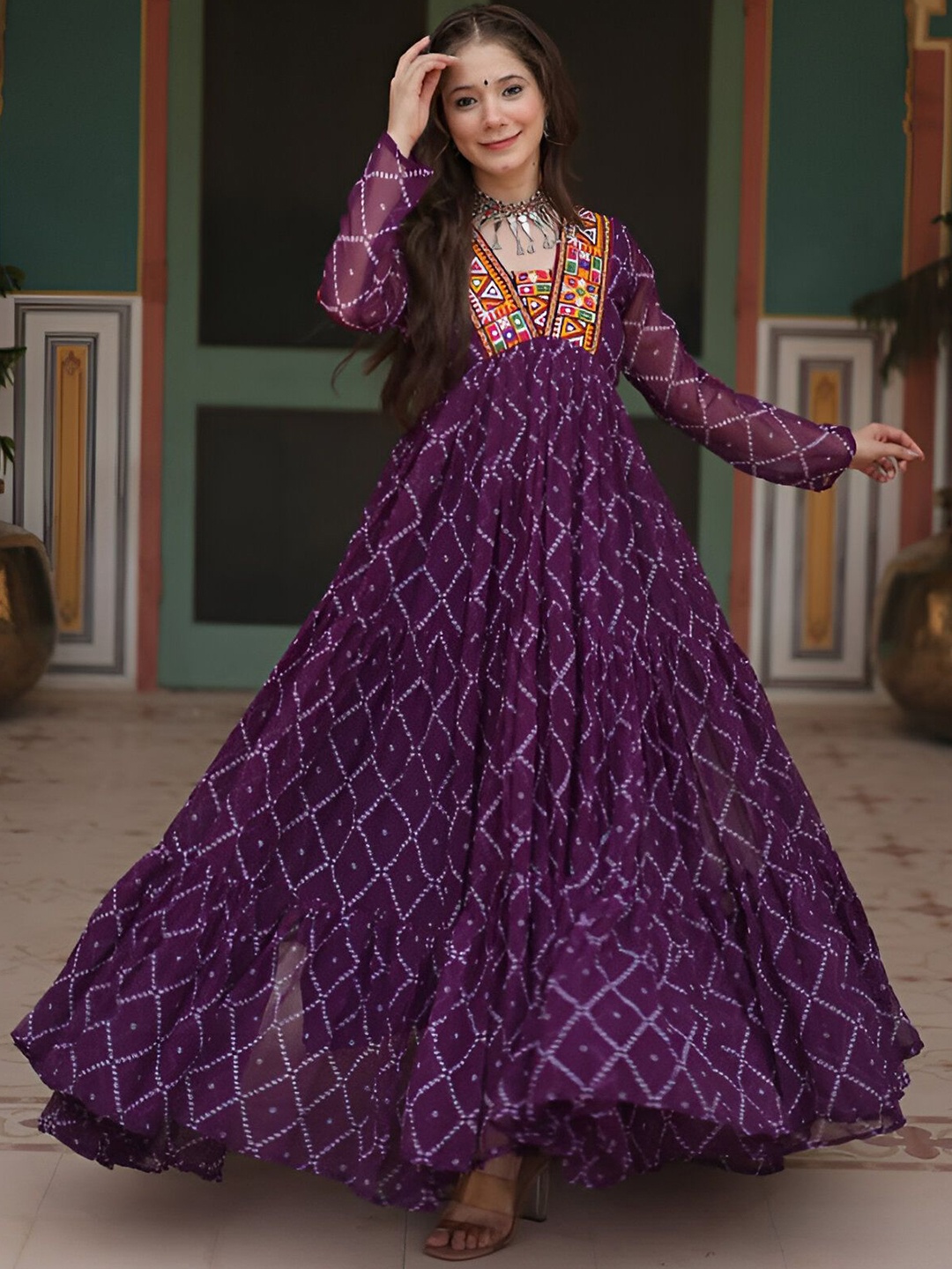 

Fusionic Women Bandhani Printed Shoulder Straps Maxi Gown, Purple