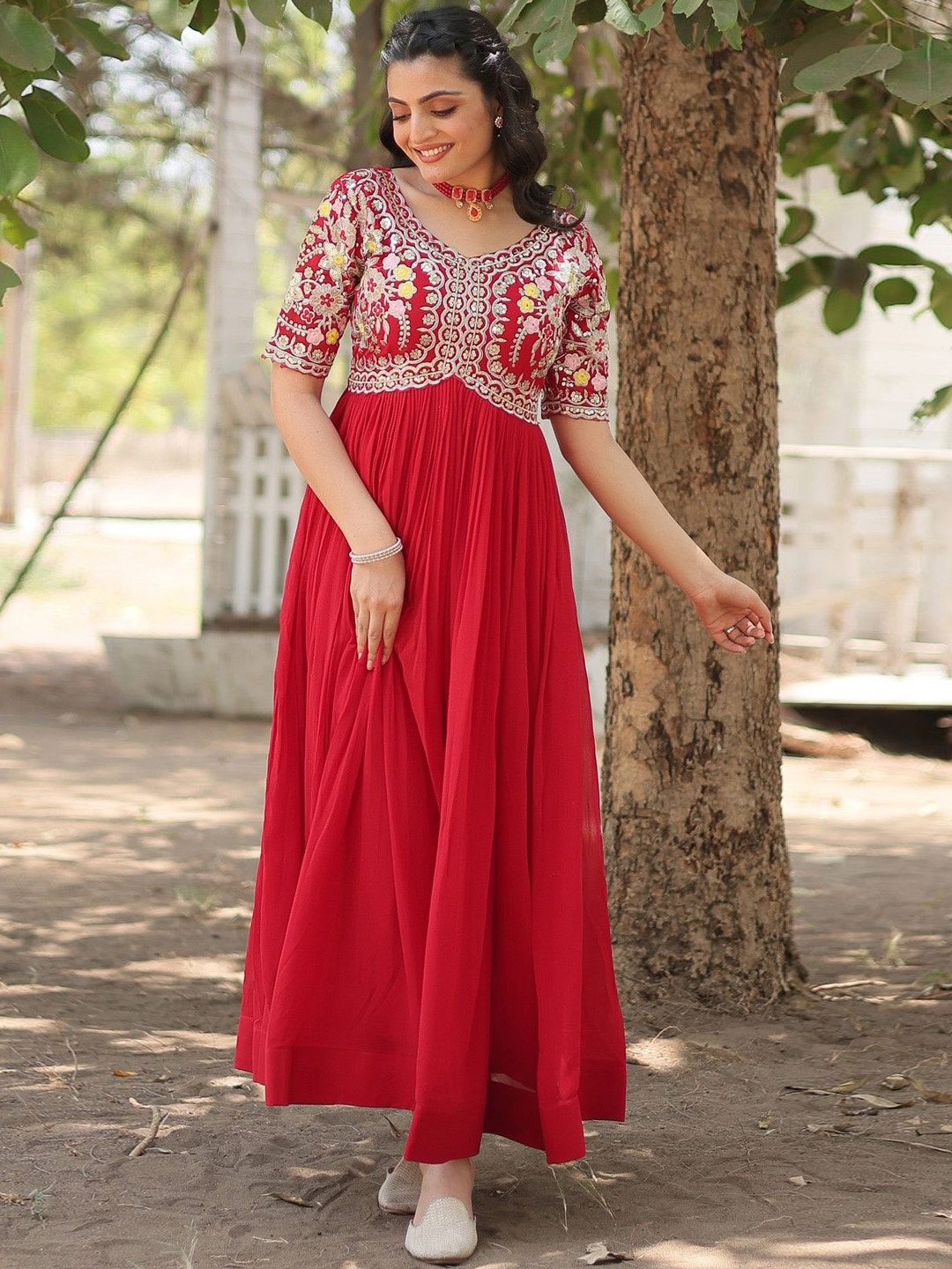 

Fusionic Zari Embroidered Maxi Gown, Red