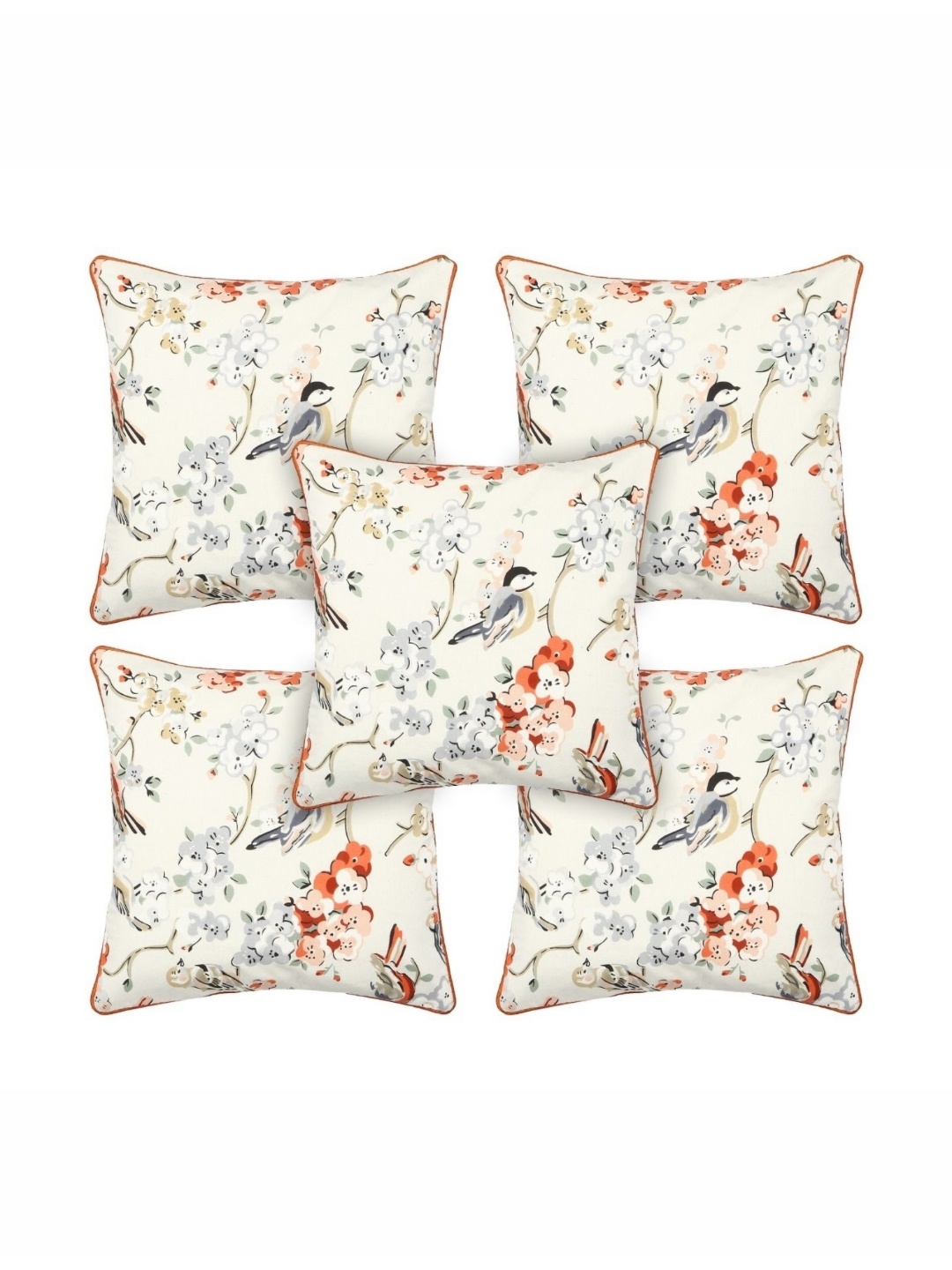 

MONKDECOR Cream-Coloured & Orange 5 Pieces Floral Printed Cotton Square Cushion Covers