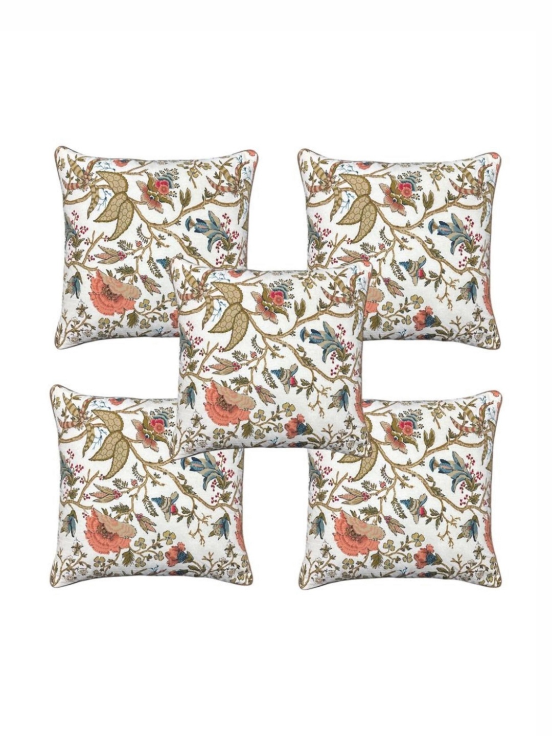 

MONKDECOR White & Beige 5 Pieces Floral Printed Cotton Square Shaped Cushion Covers
