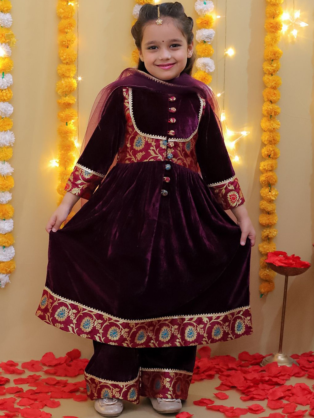 

BownBee Girls Regular Velvet Anarkali Kurta with Palazzos & Dupatta, Purple