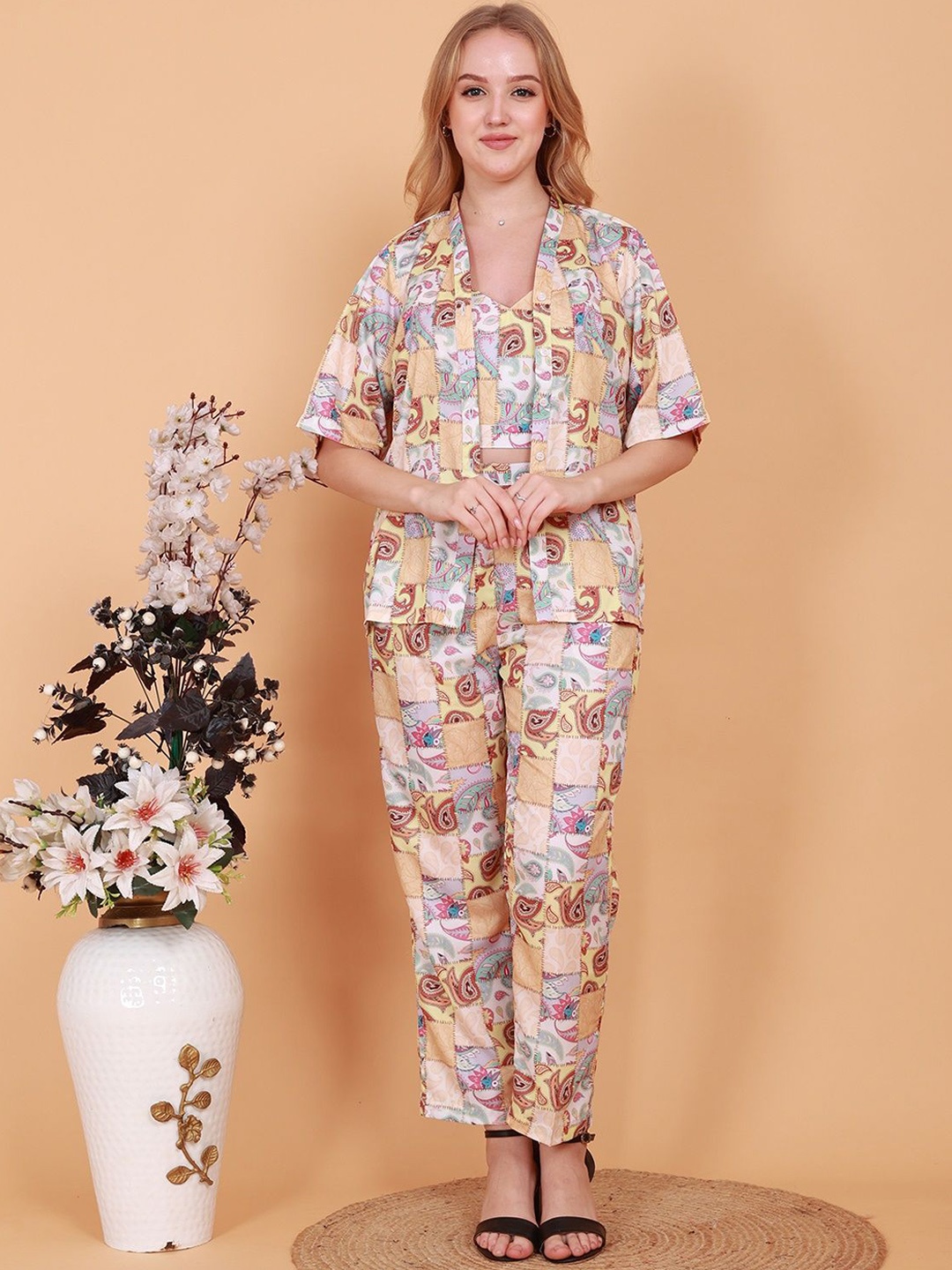 

BAESD Printed Shoulder Straps Top With Shrug & Trouser, Beige