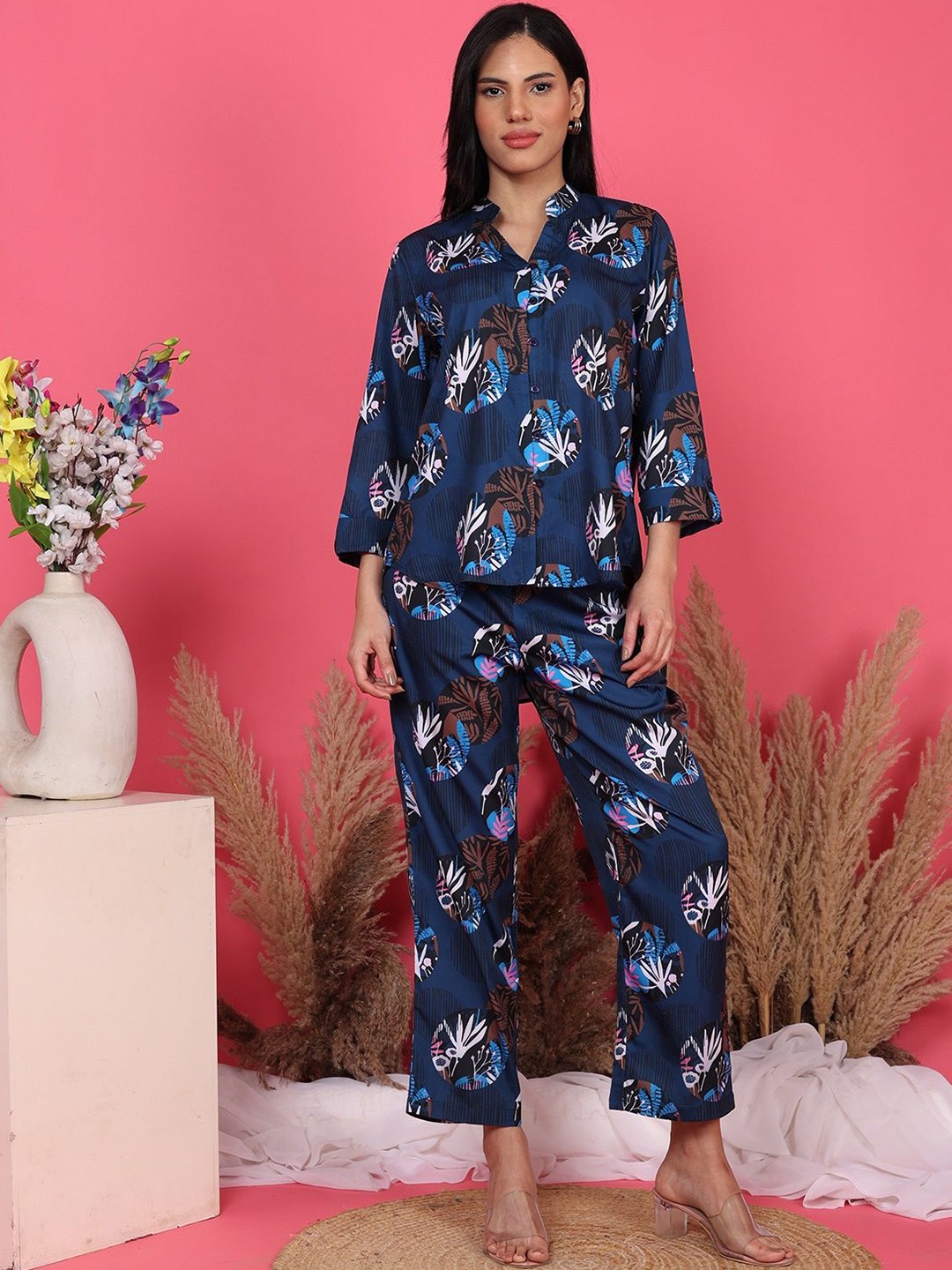 

BAESD Printed Mandarin Collar Shirt With Trouser, Blue