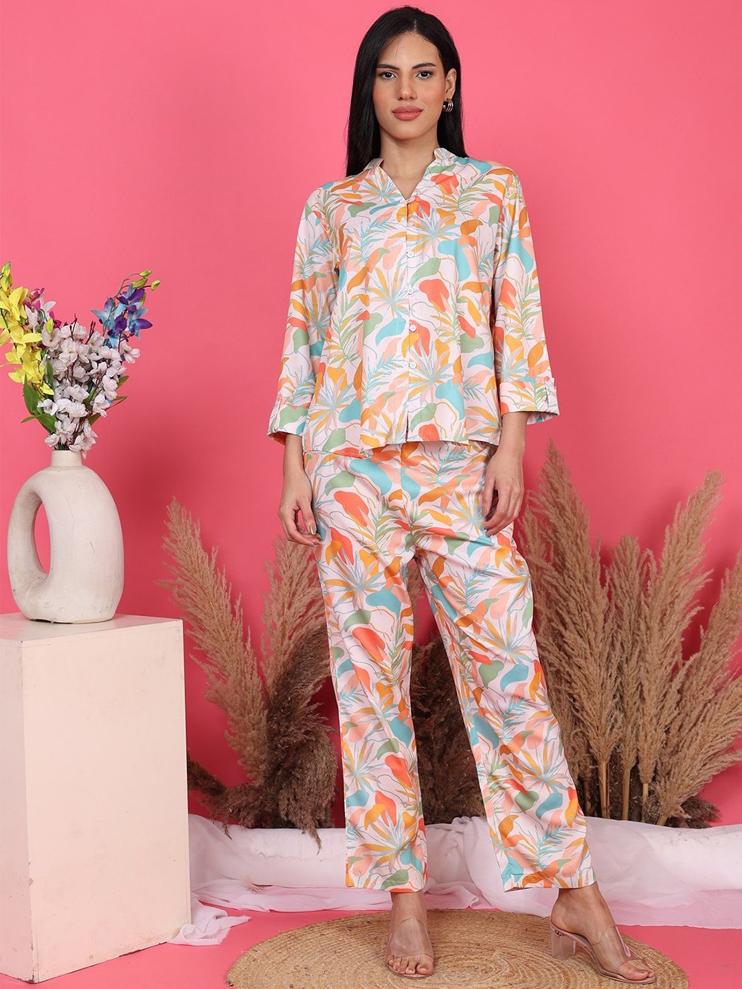 

BAESD Printed Mandarin Collar Shirt With Trouser, White