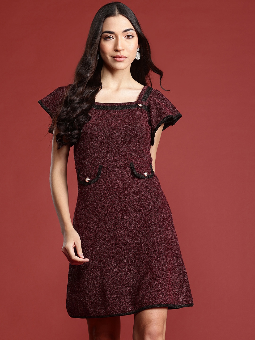

ADDYVERO Flutter Sleeve A-Line Dress, Maroon