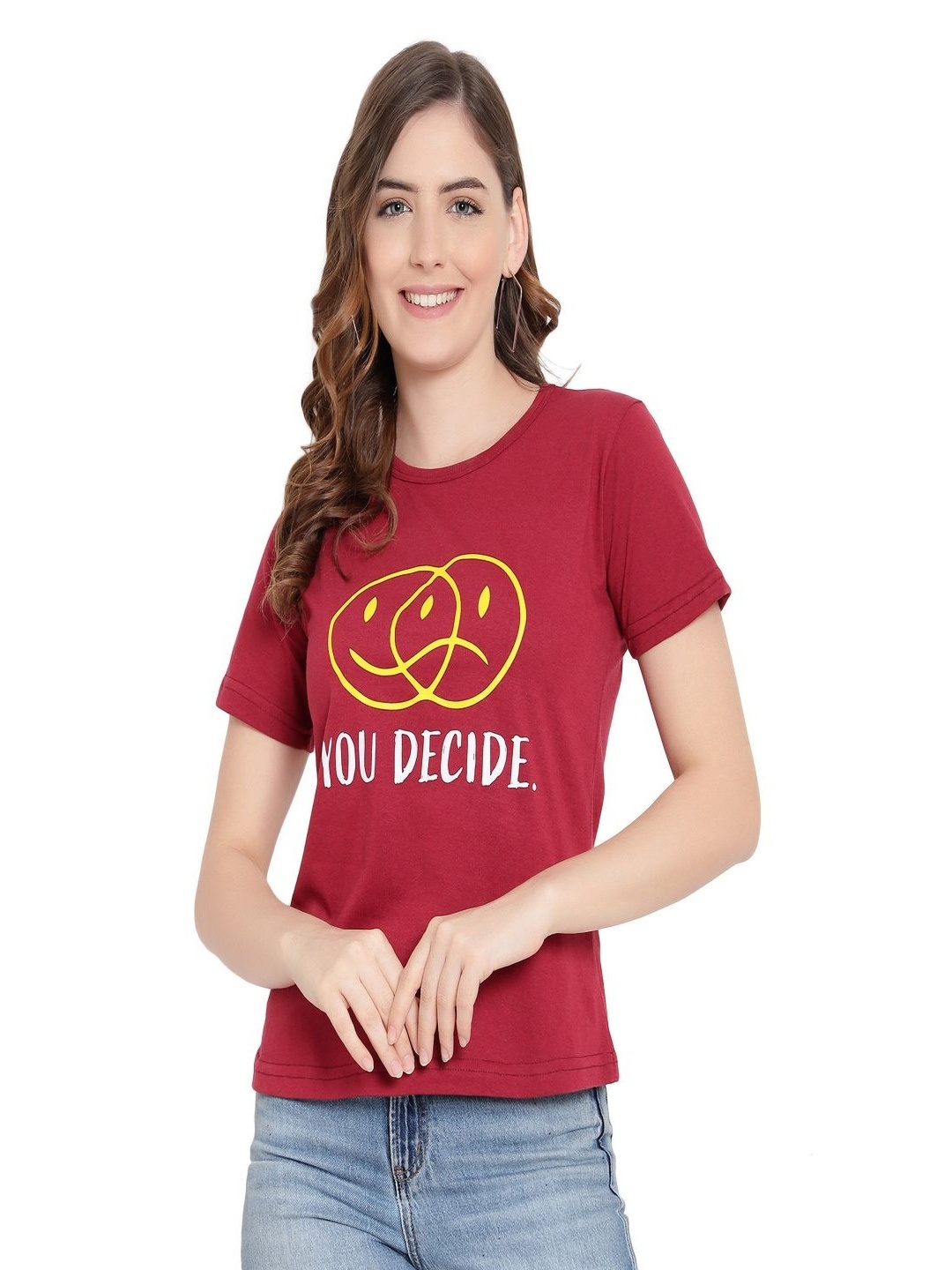 

DEEPMAYRA COLLECTION Women Graphic Printed Round Neck Cotton T-shirt, Maroon