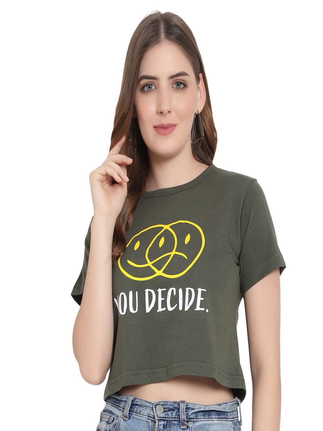 

DEEPMAYRA COLLECTION Women Graphic Printed Round Neck Cotton T-shirt, Olive