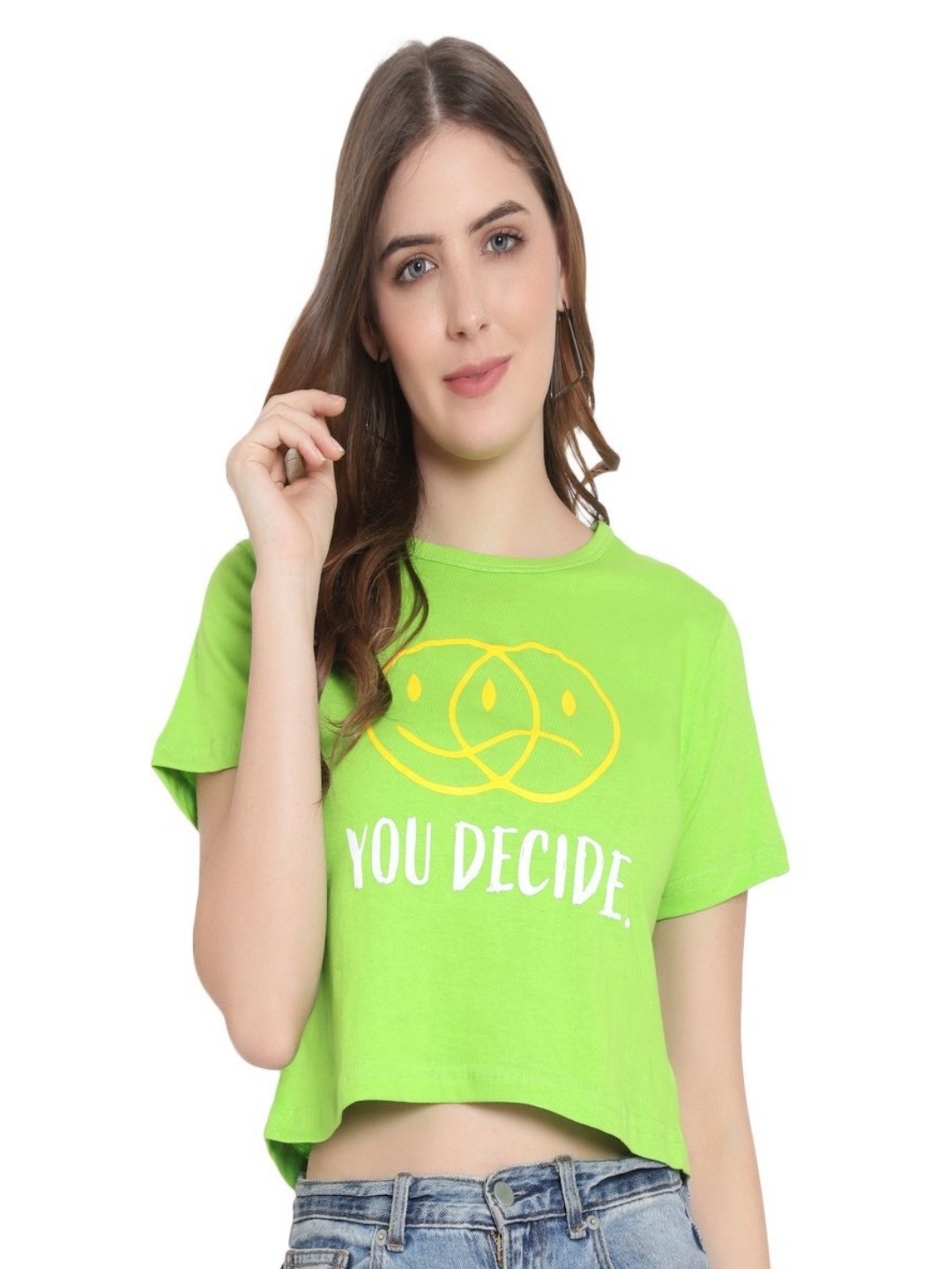 

DEEPMAYRA COLLECTION Women Graphic Printed Round Neck Cotton T-shirt, Lime green