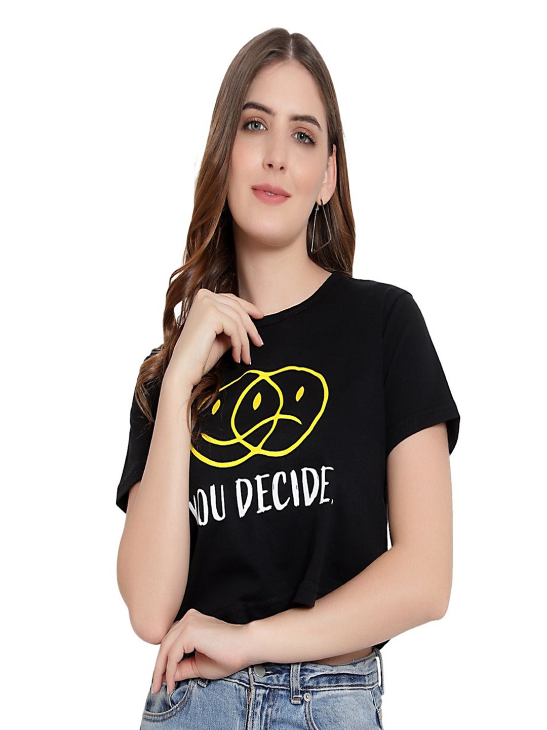 

DEEPMAYRA COLLECTION Women Graphic Printed Round Neck Cotton T-shirt, Black