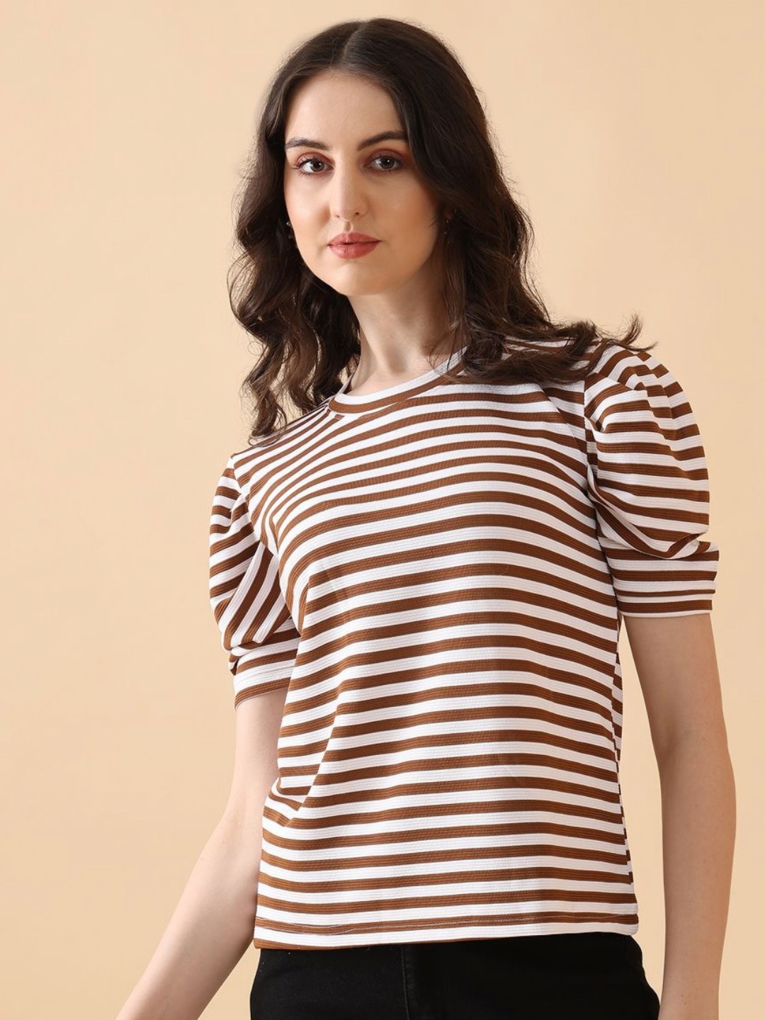 

Kinjo Women Striped Round Neck Woollen T-shirt, Brown