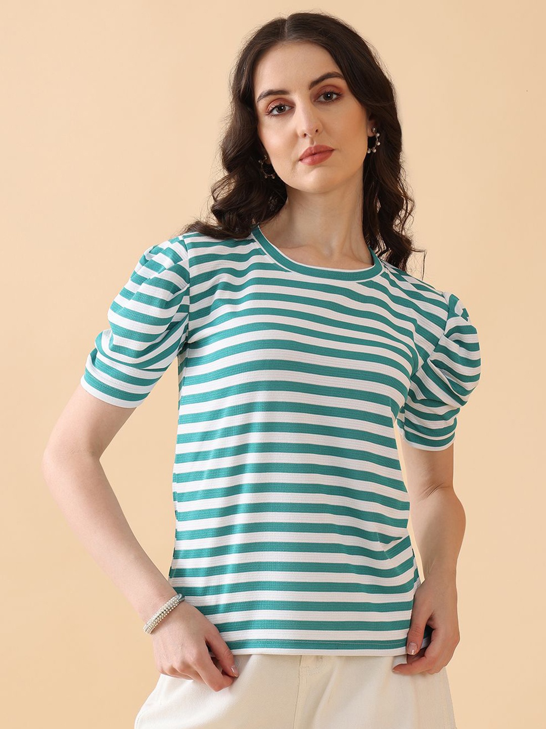 

Kinjo Women Striped Round Neck Woollen T-shirt, Turquoise blue