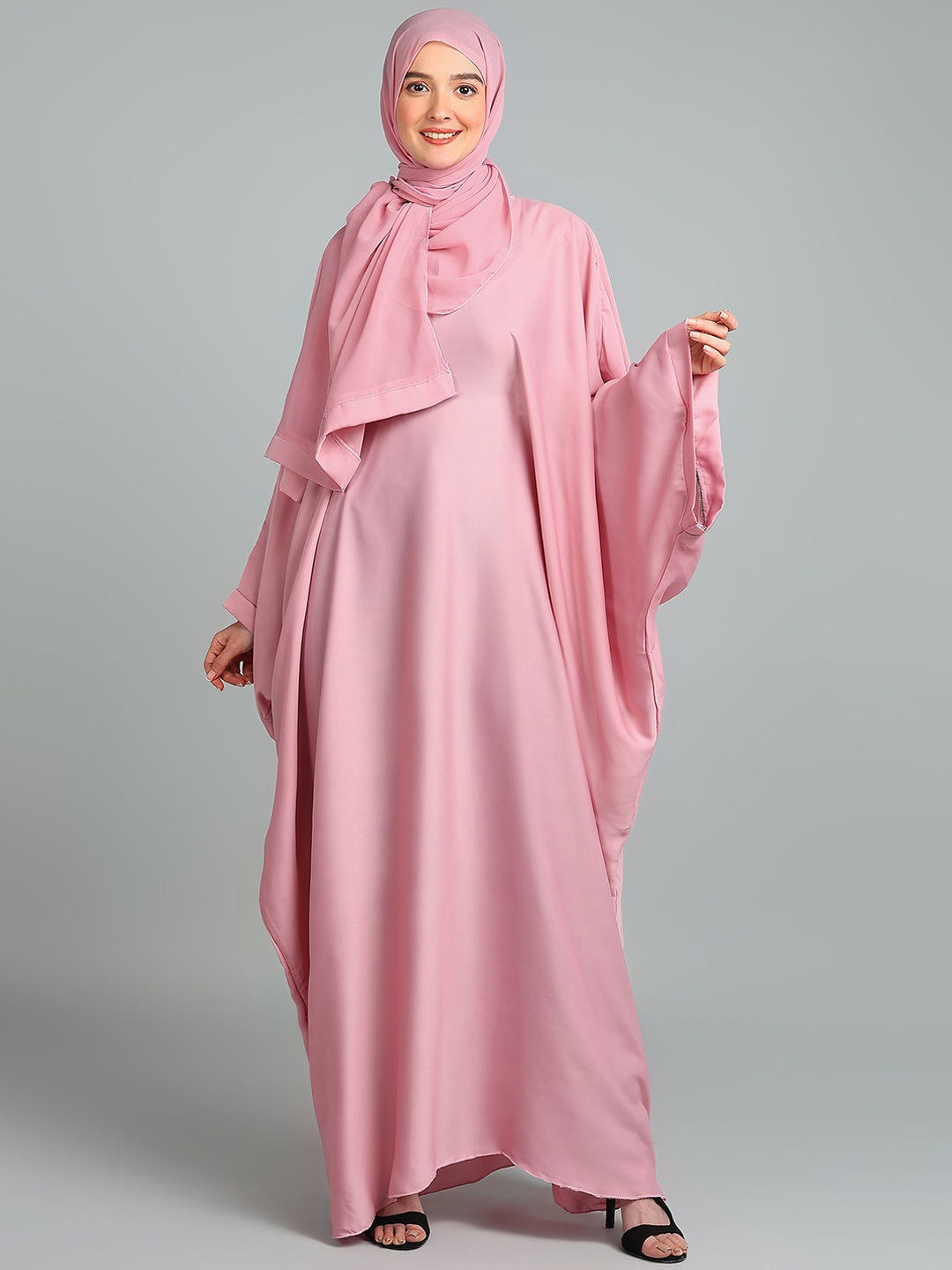 

BROKE BRAND Round Neck Arabian Style Plain Kaftan Abaya, Pink