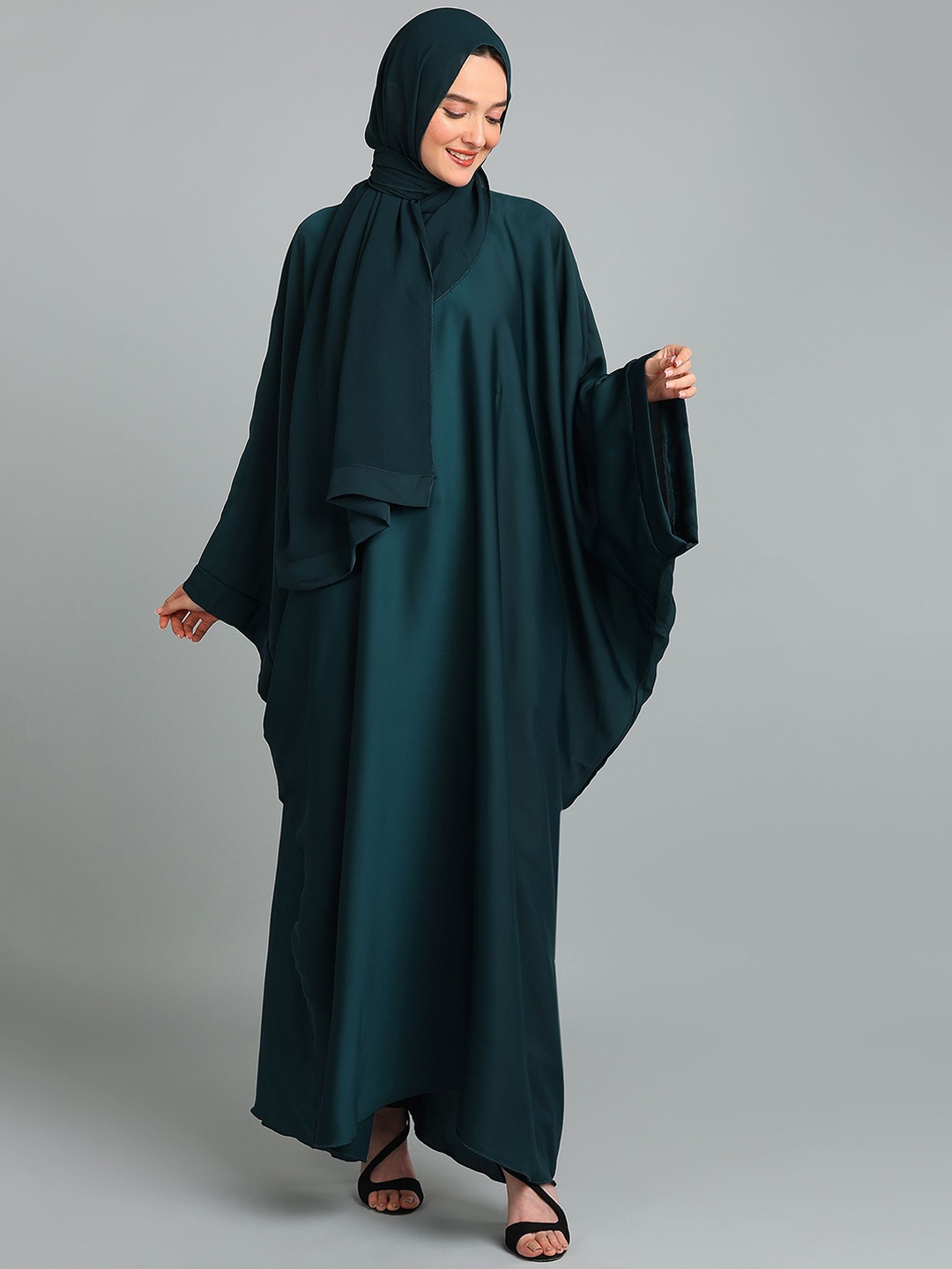 BROKE BRAND Round Neck Arabian Style Plain Kaftan Abaya, Teal