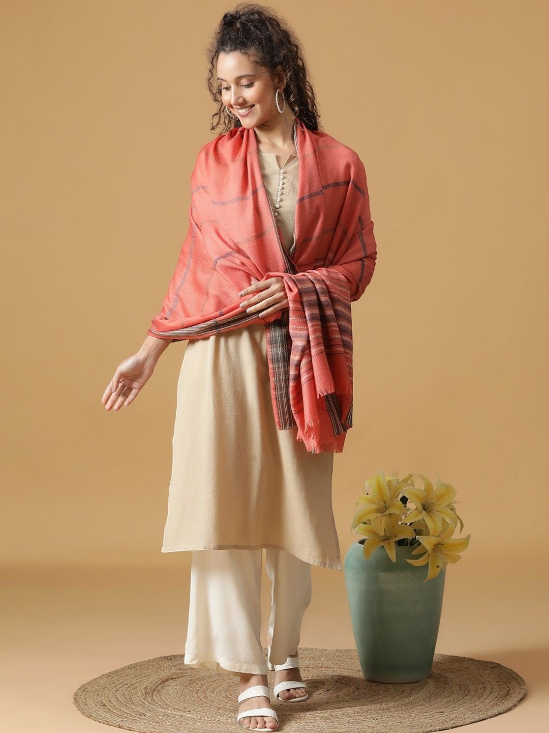 

SHINGORA Timeless Sophistication Striped Woven Design Skin Friendly Pure Woollen Shawl, Peach