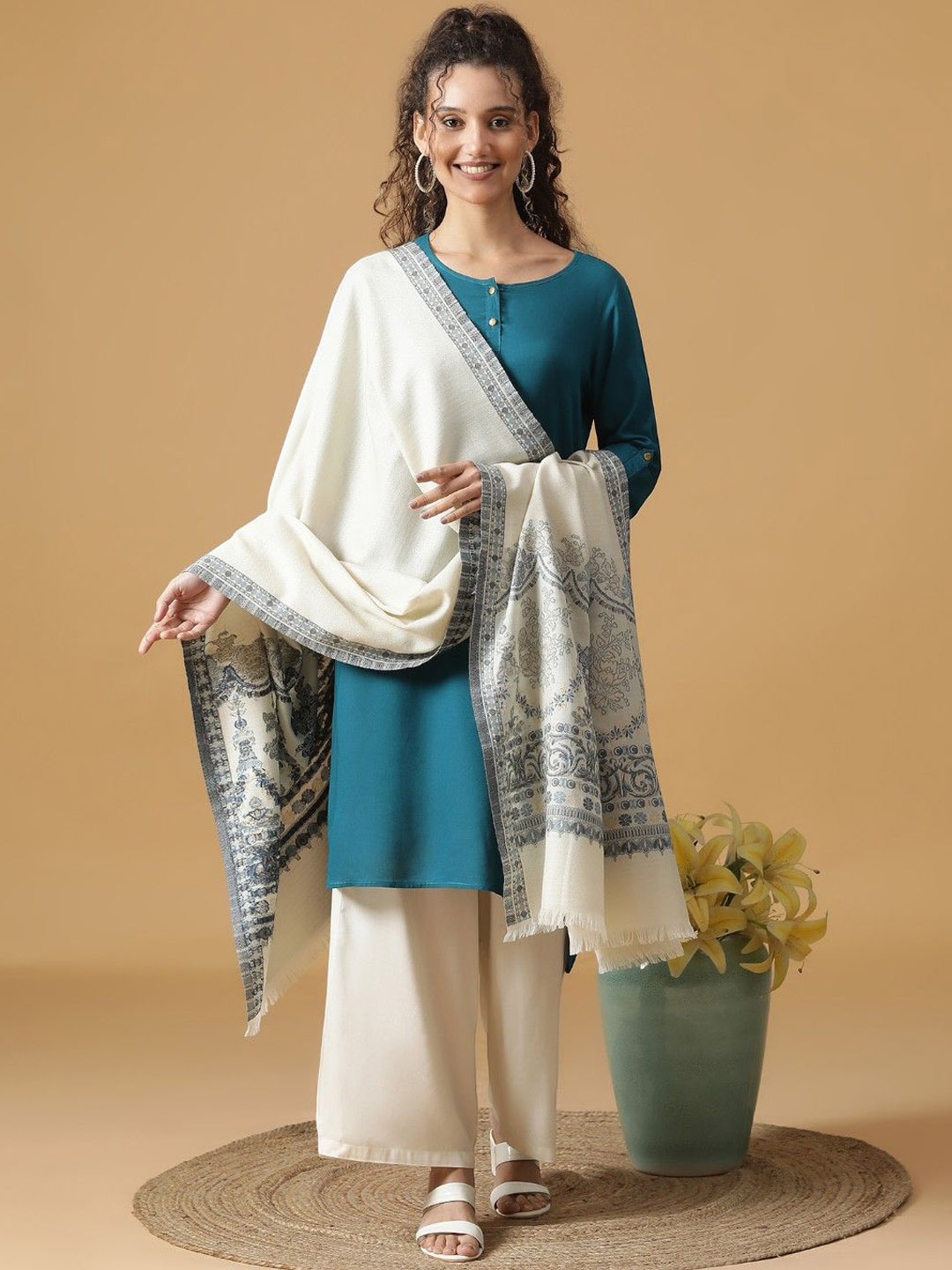 

SHINGORA Floral Woven Design Skin Friendly Shingora Shawl, White