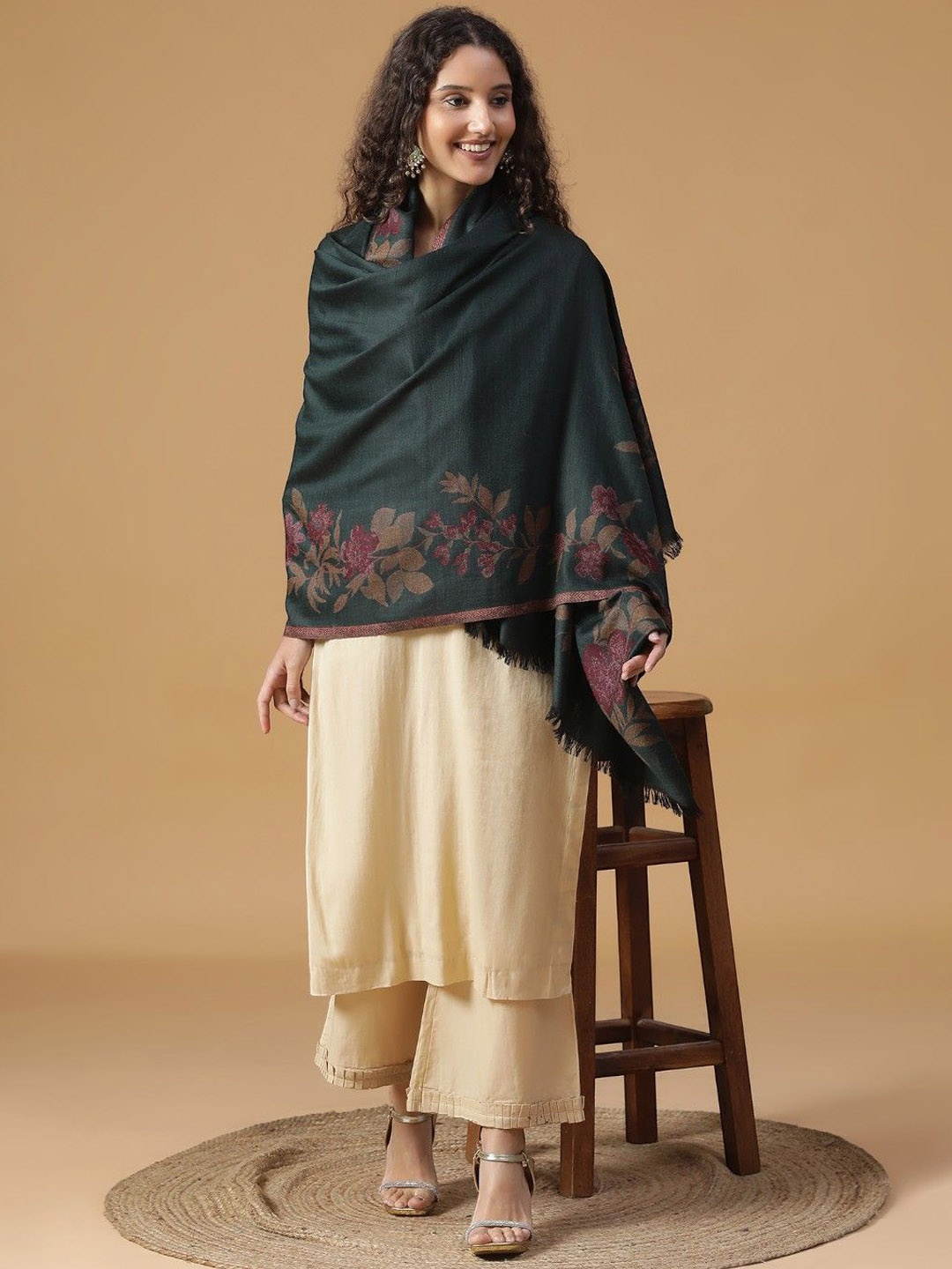 

SHINGORA Floral Woven Design Skin Friendly Pure Woollen Shawl, Green